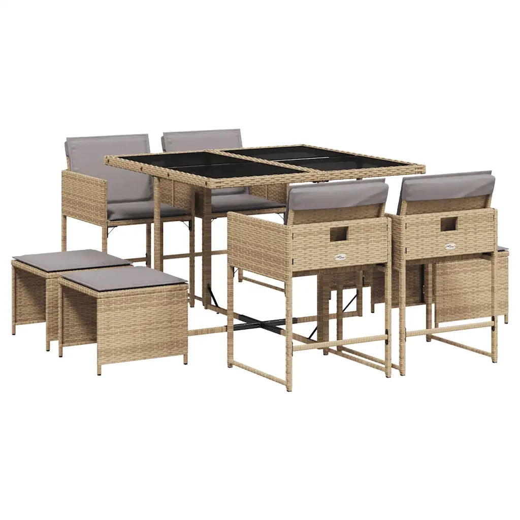 Set Pranzo da Giardino 9 pz | Set Salotto da Giardino con Cuscini Beige Misto Polyrattan