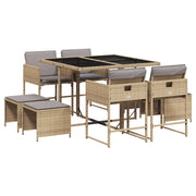 Set Pranzo da Giardino 9 pz | Set Salotto da Giardino con Cuscini Beige Misto Polyrattan