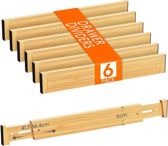 Set di 6 dividers per cassetti in bambù regolabili, 6 cm alti e 42-56 cm lunghi