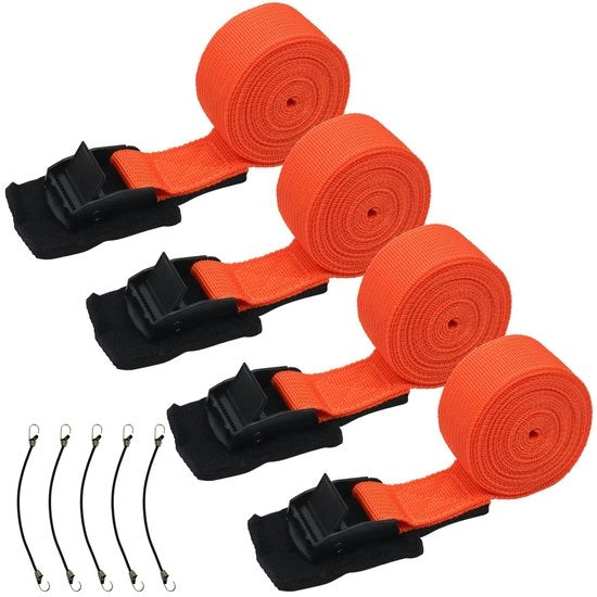 Pacchetto di 4 cinturoni di sostegno 2,5 cm x 4 m, cinturoni di sostegno con chiusura a morsa, carico di sicurezza 250 kg, set di cinturoni di sostegno inclusi 5 gomiti per carichi trasportati con biciclette, motori e auto (arancione, 2,5 cm x 4 m)