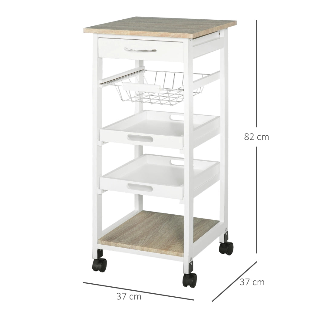 Carrello da cucina con ruote, cestino, 2 vassoi, cassetto, ripiano ¨C Minimal ¨C MDF quercia chiaro pino bianco