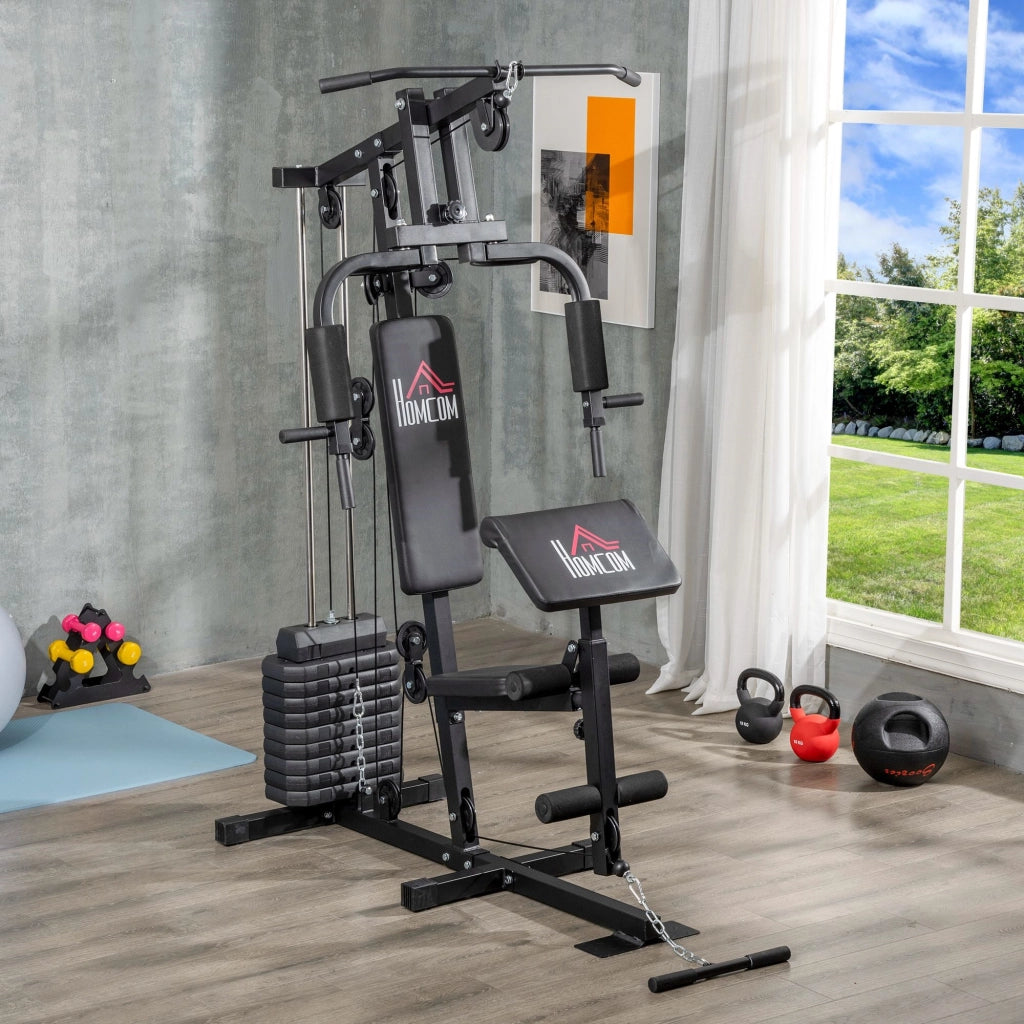 EasyComfort Stazione Fitness Multifunzione Power Tower con Pesi fino 45kg e Panca Imbottita, 135x103x210cm