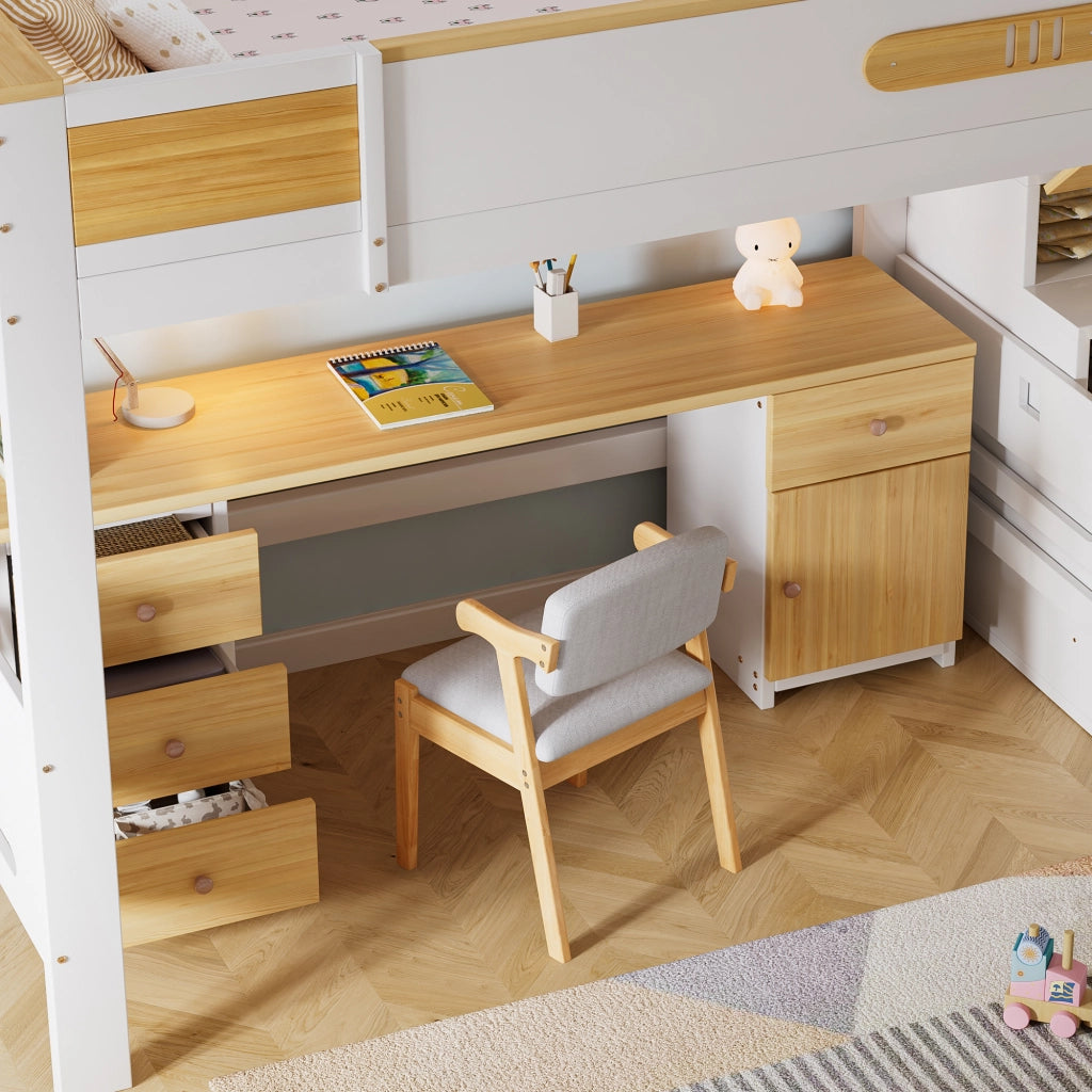 Letto a soppalco singolo 90 × 200 cm con scrivania, cassetti, ripiani e scala contenitore, senza materasso, bianco naturale