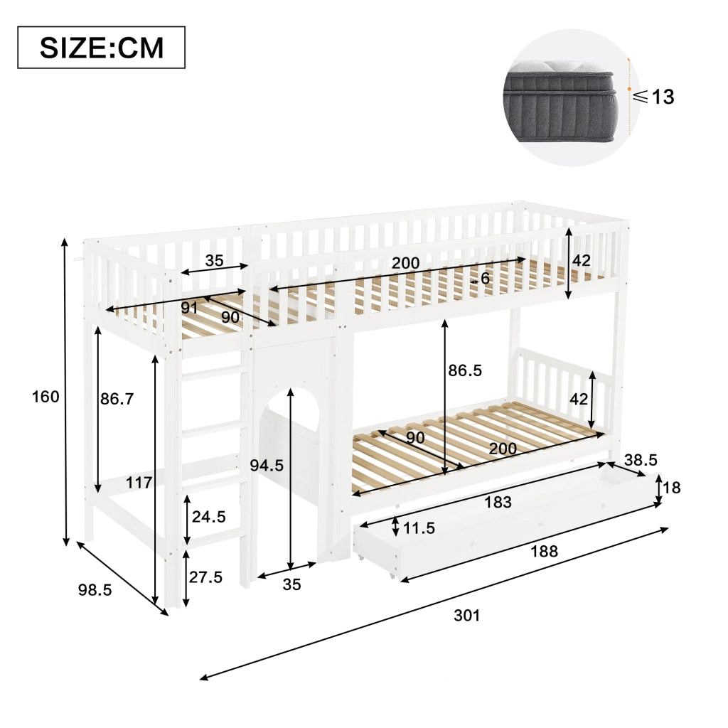 Letto a castello per bambini 90 × 200 cm con scala dritta a 4 gradini, barriere su 4 lati, senza materasso, bianco naturale