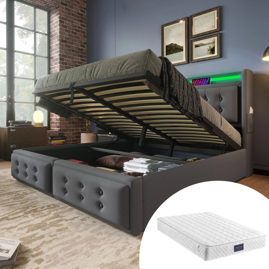 LETTO Contenitore 160x200 cm con LED e USB Tessuto grigio