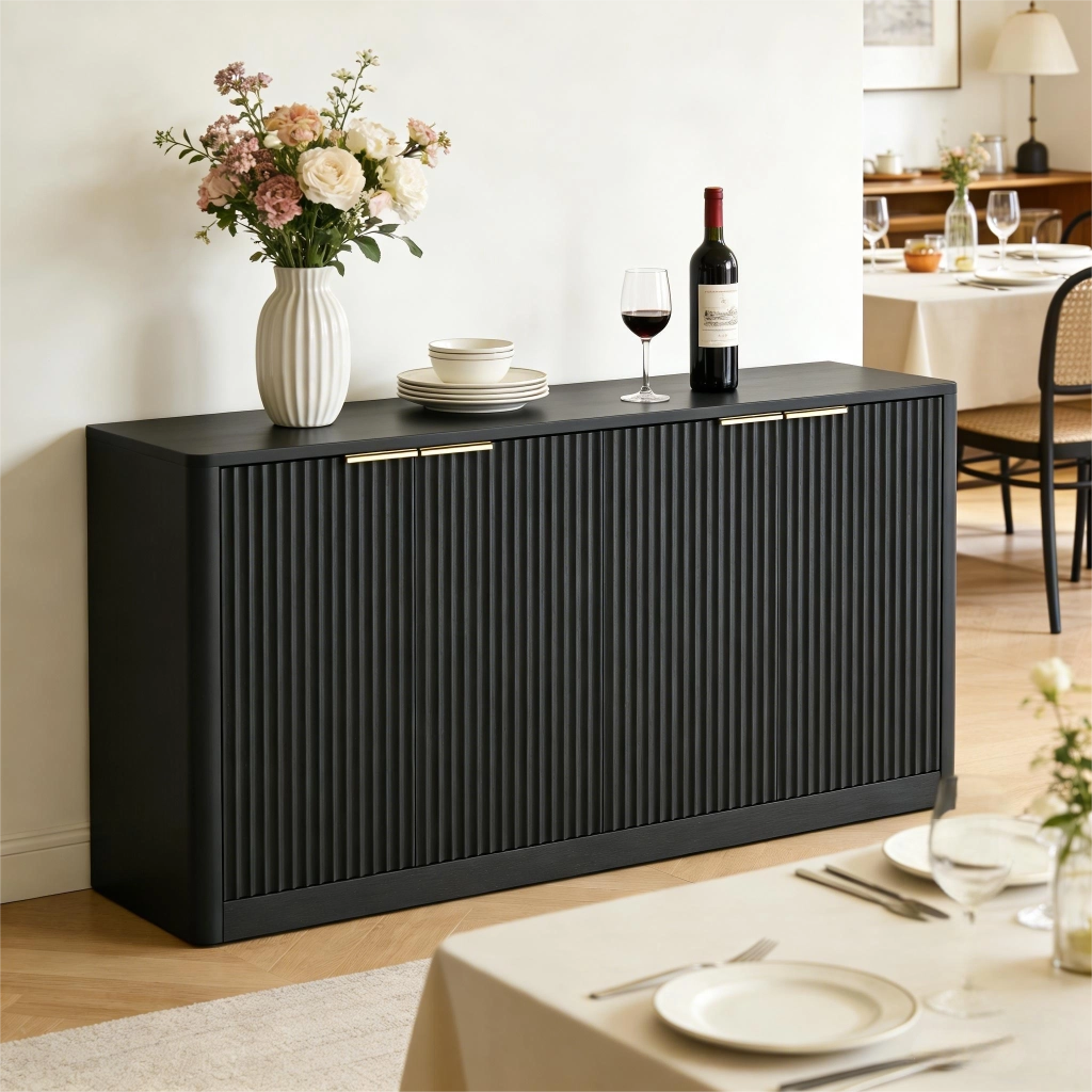 Credenza con 4 ante e vani chiusi; per soggiorno; in MDF; 150×40×70.5 cm; nera