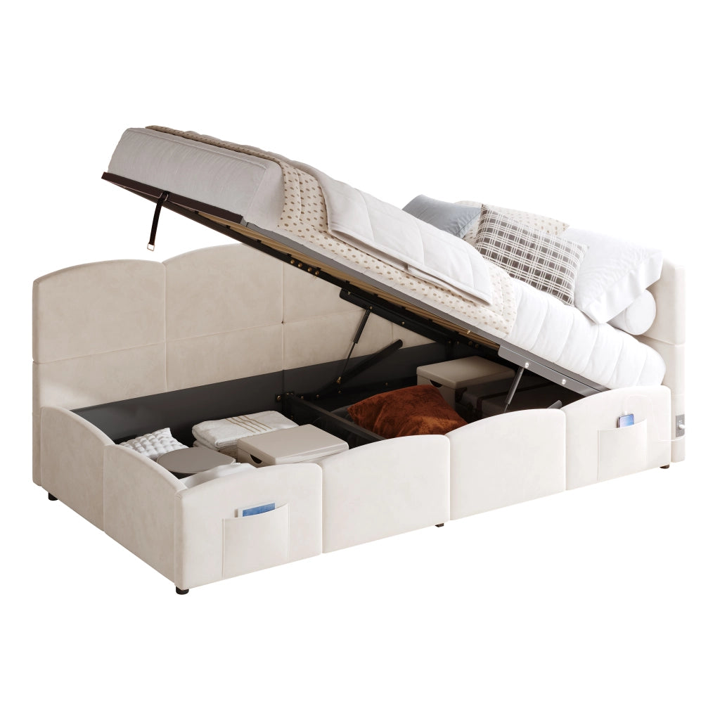 Letto contenitore 90x200 cm in velluto beige con USB-A/USB-C, tasche laterali e struttura idraulica