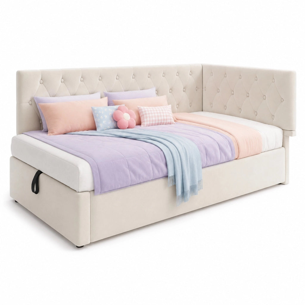 Letto giorno 90x190 cm in velluto beige con contenitore idraulico, struttura in metallo e rete a doghe, senza materasso
