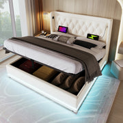 Letto matrimoniale contenitore 180x200 cm in PU bianco con testiera imbottita; USB Type-C e LED
