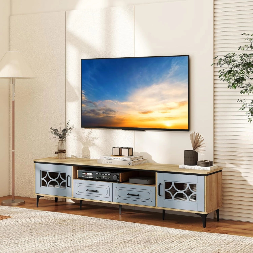 Mobile TV in Legno per Televisori Fino a 80", Mobile Porta TV 180 cm con 2 Cassetti, 2 Armadi e Scomparto, 7 Gambe Metalliche Rialzate, Consolle Media per Soggiorno (Blu)