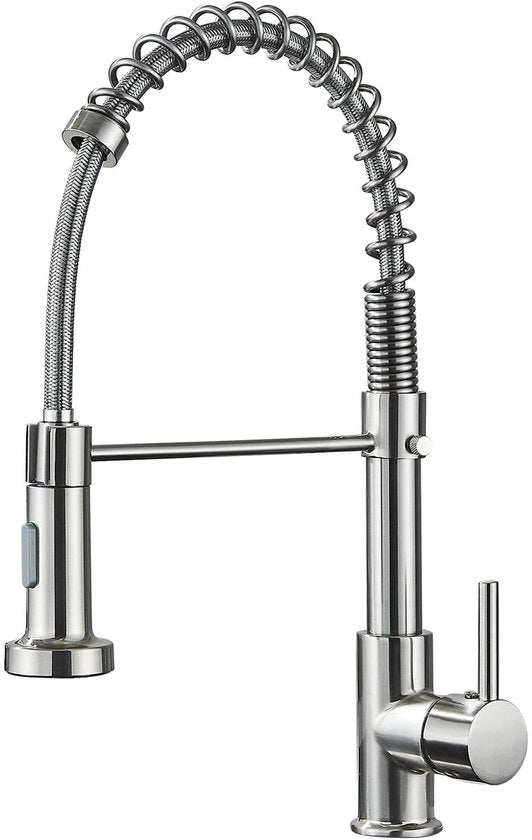 Cranio da Cucina con Arco Alto Alta Pressione con Doccia Rilasciabile 360° Rotativa con Manigliona di Acciaio Inox