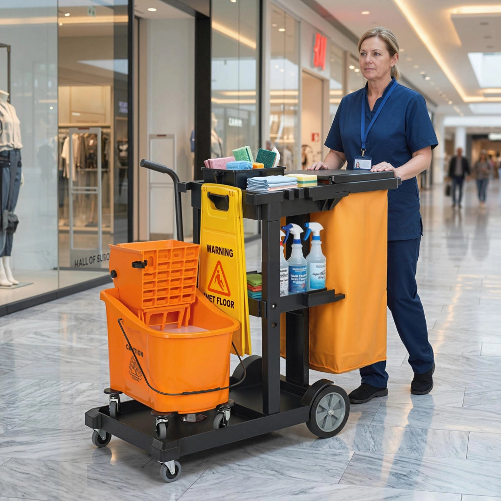 Carrello Pulizie con Ruote, 3 Ripiani e Sacco 70L ¨C zephmum ¨C con Secchio e Strizzatore