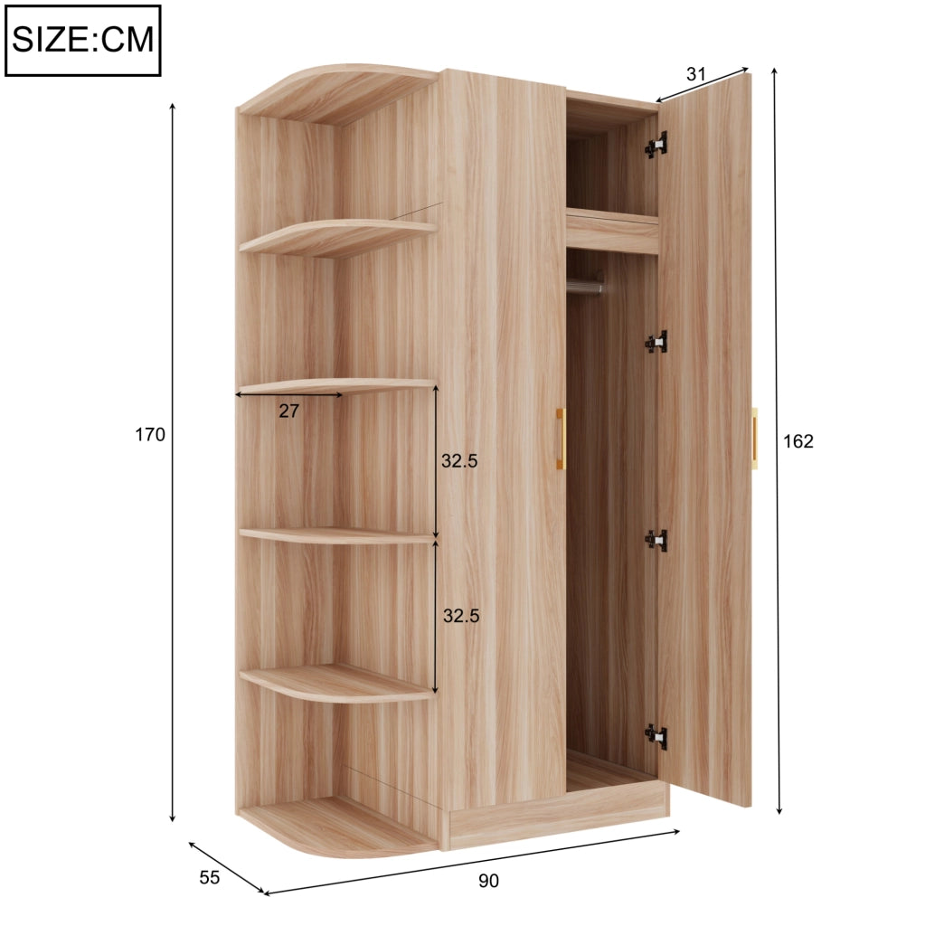 Armadio a 2 ante 90x55x170 cm con ripiani e cassetti in MDF, compensato e metallo