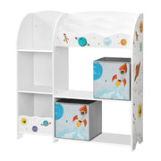 Scaffale portaoggetti per giocattoli e libri 93 x 30 x 100 cm mobiletto multifunzionale con 2 cassetti in tessuto tema pianeta per sala giochi cameretta dei bambini soggiorno bianco 12_0005725