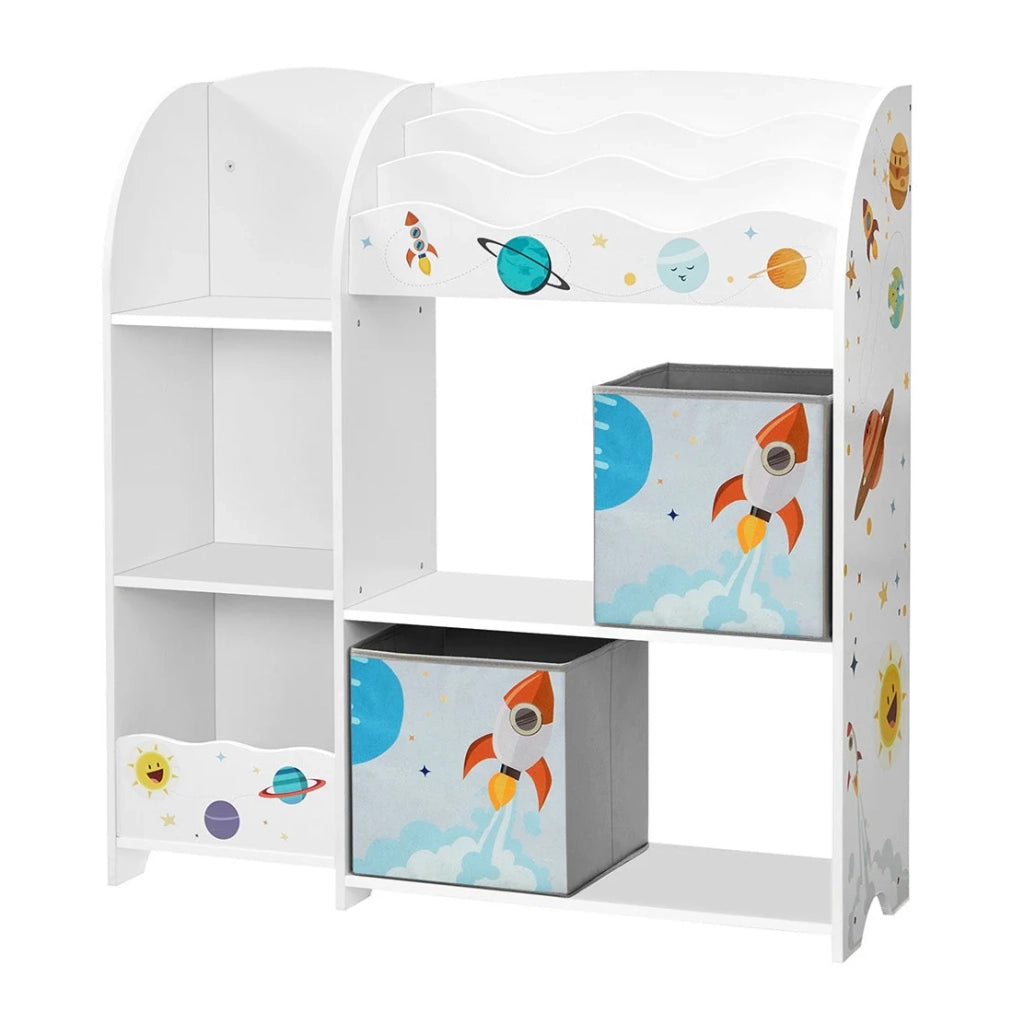 Scaffale portaoggetti per giocattoli e libri 93 x 30 x 100 cm mobiletto multifunzionale con 2 cassetti in tessuto tema pianeta per sala giochi cameretta dei bambini soggiorno bianco 12_0005725