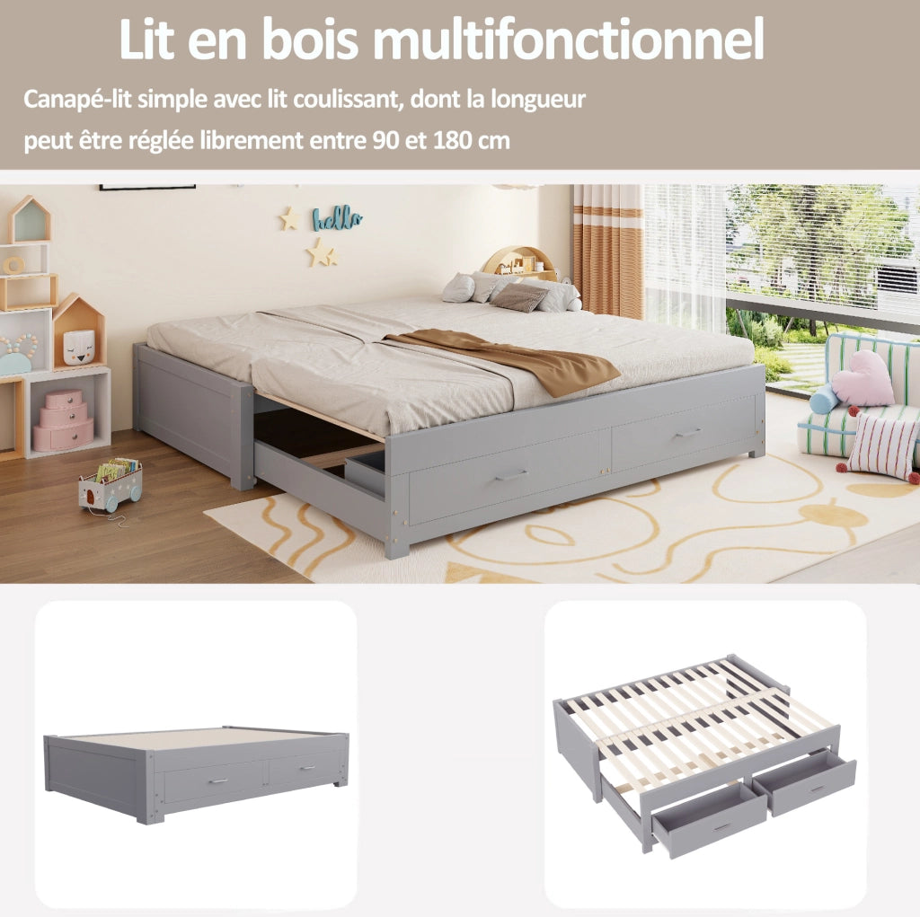 Divano letto estraibile in legno 90/180 x 190 cm con 2 cassetti; grigio