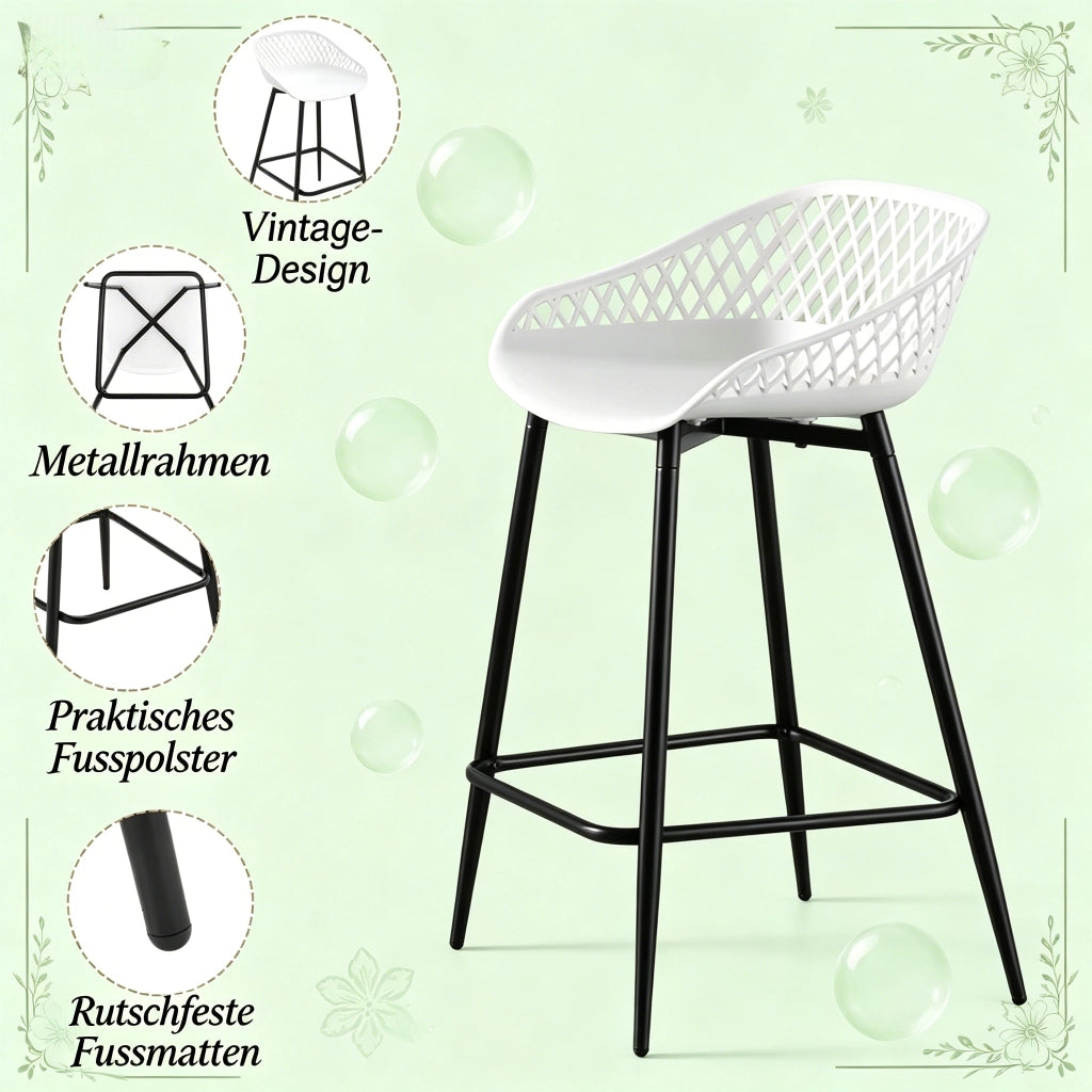 Sgabello da bar set da 2 con schienale traforato ergonomico braccioli e poggiapiedi in polipropilene e metallo bianco
