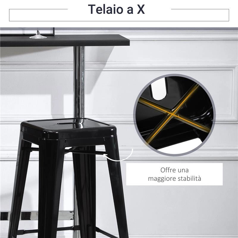 SET 4 SGABELLI DA BAR IN METALLO CON POGGIAPIEDI PER INTERNI ED ESTERNI, 43X43X76 CM, NERO