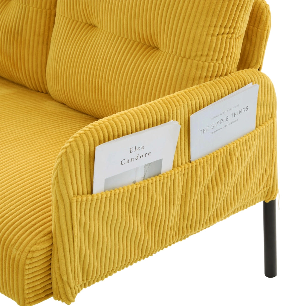 Divano Dritto 3 Posti con Tasca Laterale in Velluto Cotelé Giallo 171 × 72 × 80 cm