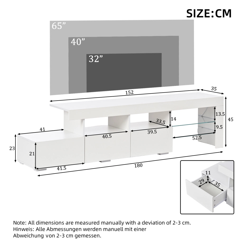 Mobile porta TV con LED, 3 cassetti e 7 vani contenitore, per soggiorno, bianco, 180 × 35 × 45 cm