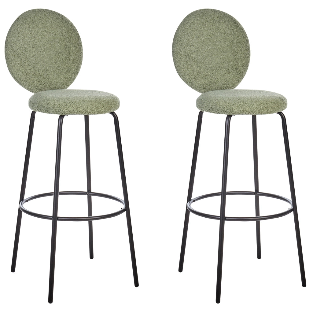 Set di 2 sedie da bar bouclé verde chiaro con gambe in acciaio e schienale rotondo soggiorno salotto