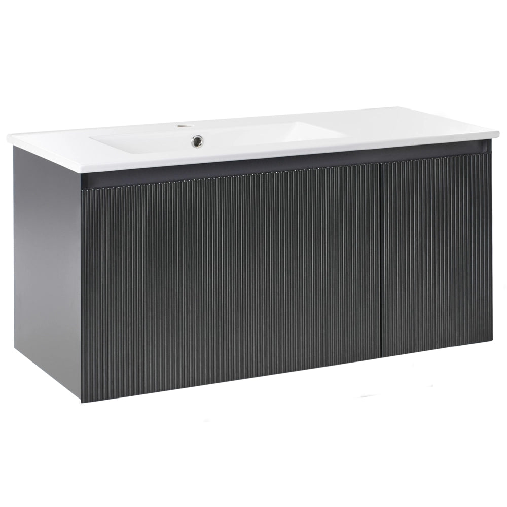 Mobiletto da parete con lavabo in legno massiccio per il bagno con contenitore 100 cm Nero design moderno