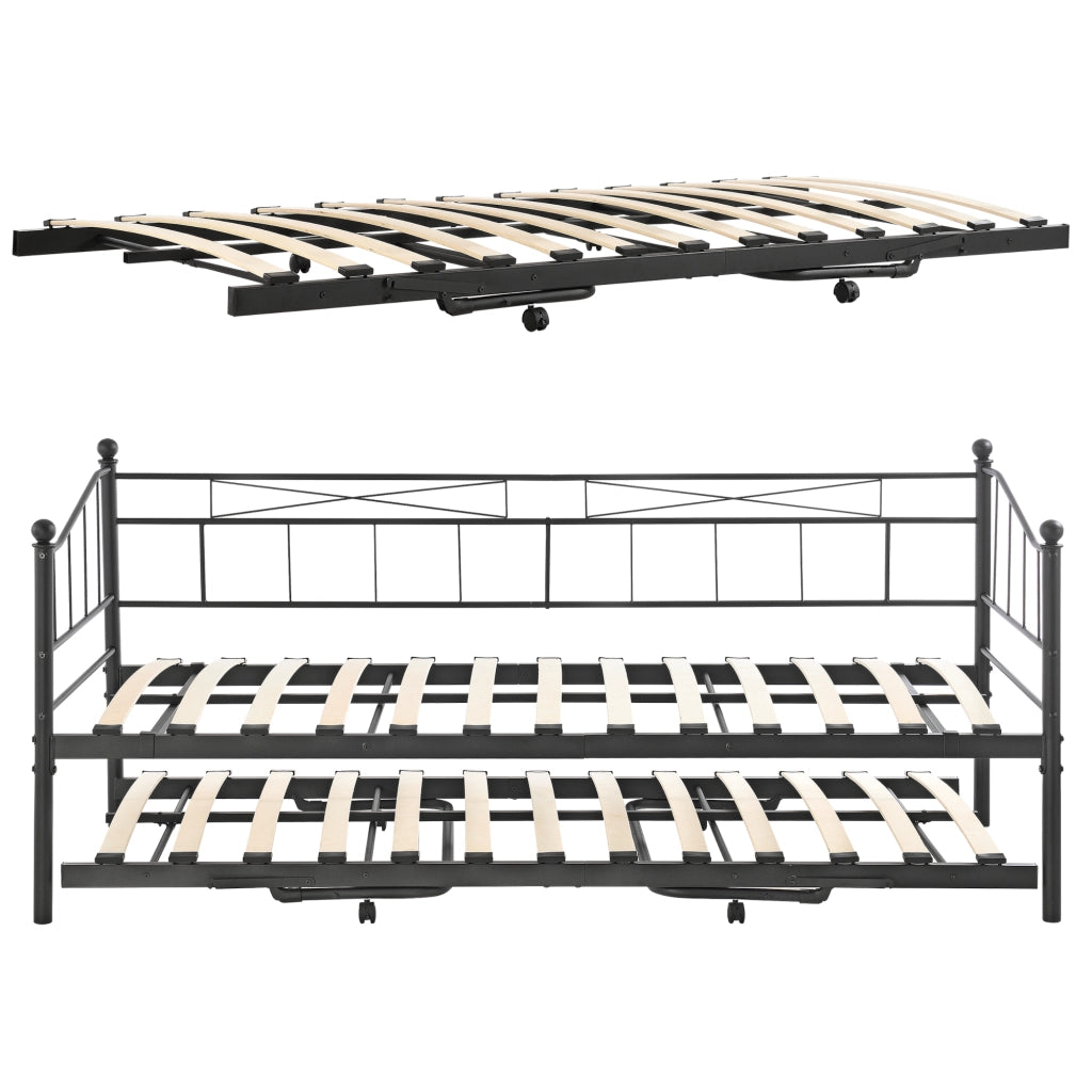Divano in Metallo con Cornice Decorativa + Letto di Complemento con Gambe Pieghevoli e 4 Ruote, Sofa a 2-3 Posti di Seduta  e Secondo Letto Salvaspazio - Nero
