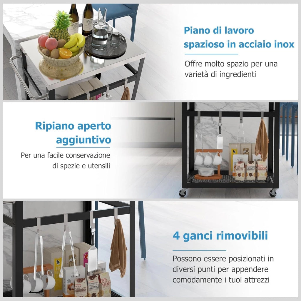 Carrello Grill da Esterno a 2/3 Piani, Supporto per Forno per con Piano e Maniglia in Acciaio Inossidabile, Carrello per Barbecue con Ganci e Ruote, Multiuso(2 Livelli)