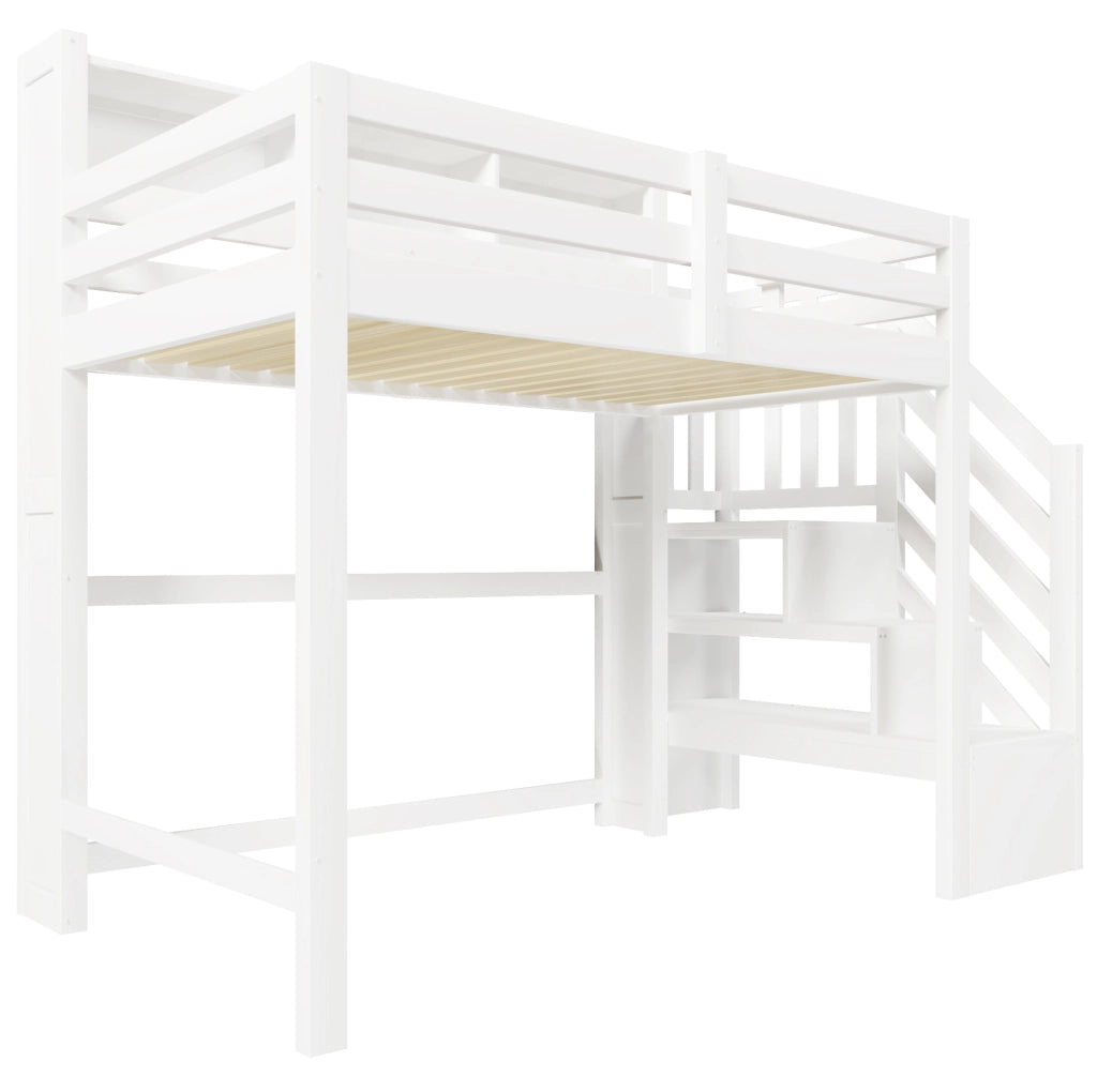 Letto a soppalco 90x200 cm con LED, scala contenitore e ampio spazio inferiore