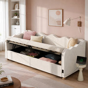 Letto daybed 90x200 cm con contenitore idraulico; velluto beige; con presa USB e Type-C