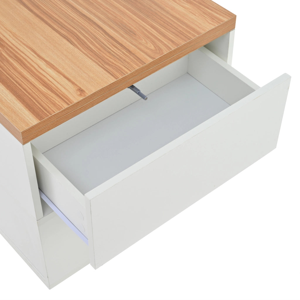 Tavolino da caffè sollevabile 100x50x52 cm con 4 ruote; 4 cassetti e piano estensibile bianco e legno