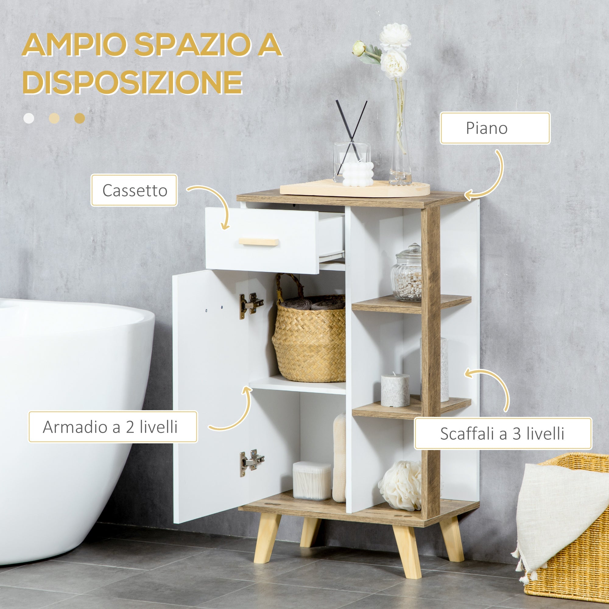 Mobile Bagno 1 Anta 1 Cassetto 50x30x89 cm in Truciolare e Legno di Pino Bianco