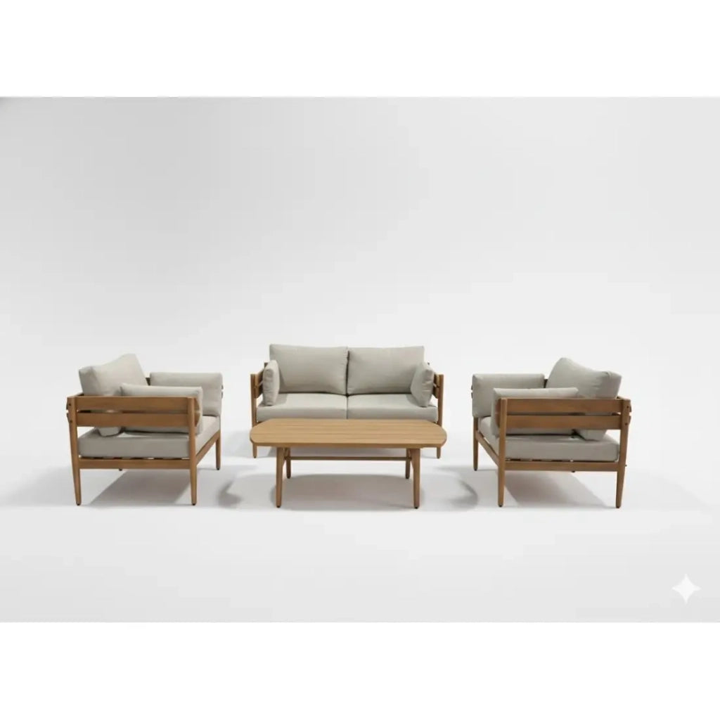 Set da giardino SELVANO 4 posti in alluminio effetto legno con cuscini beige e tavolino basso