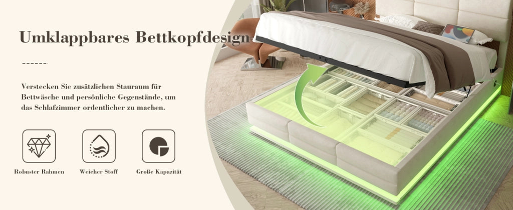 DESMIU Letto 160 × 200 cm 2 posti con USB, Type-C, LED regolabile e testiera regolabile senza materasso in velluto beige