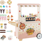 Carrello Pizza Giocattolo per Bambini, Carrello Gelato in Legno con Ruote, Distributore Automatico, Espositore e 41 Accessori, Centro Attività Montessori per Bambini 3+ Anni, 81 x 33 x 88 cm