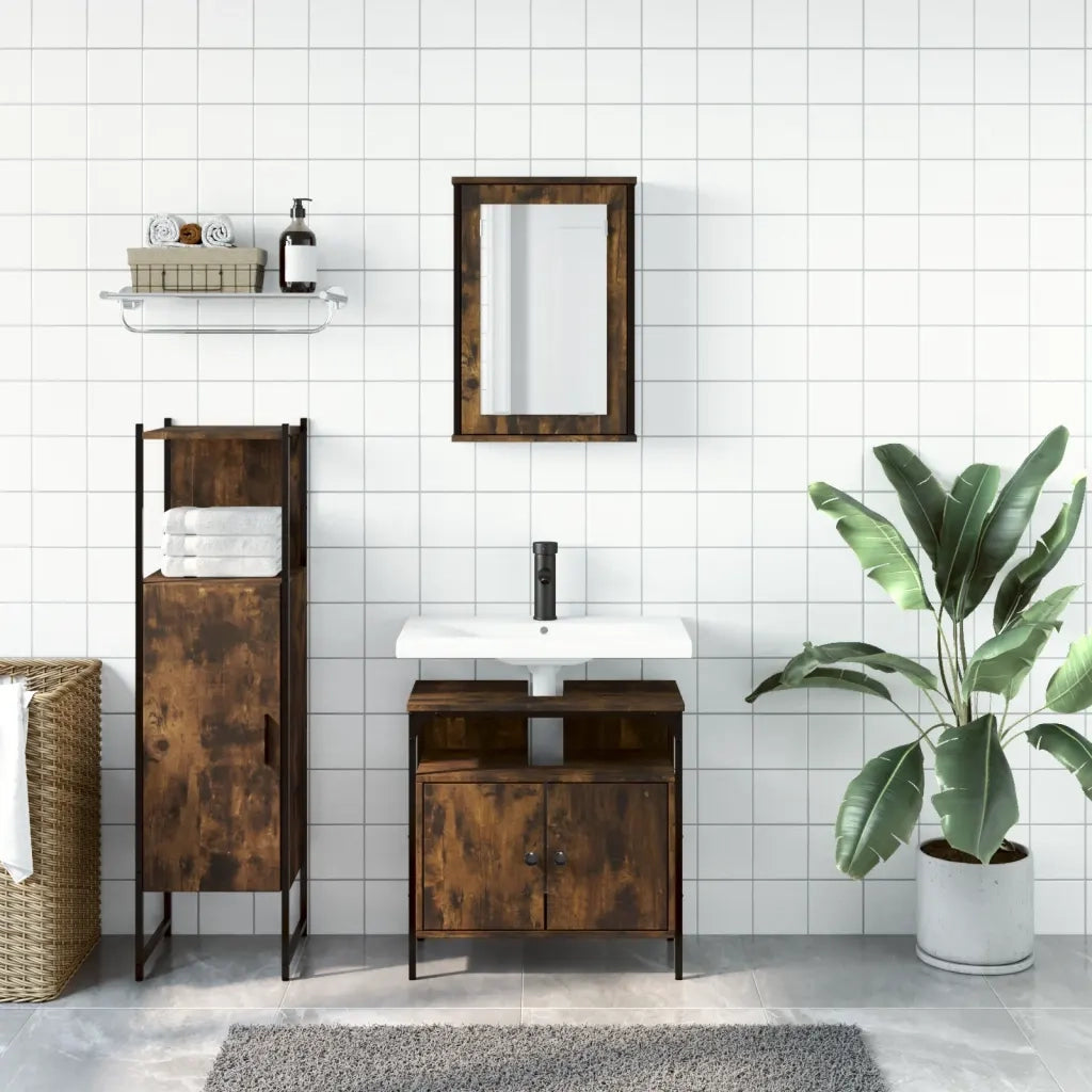 Set Mobili da Bagno 3 pz Rovere Fumo in Legno Multistrato