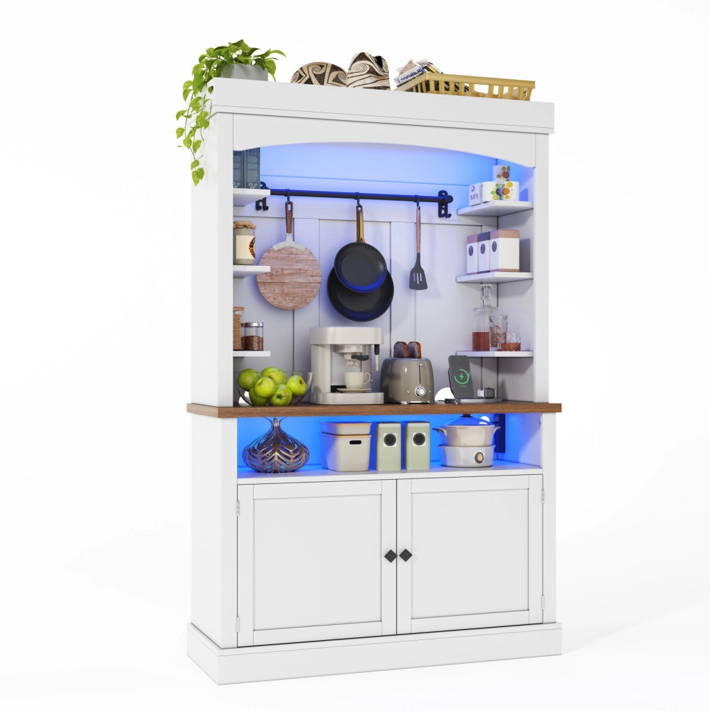 Armadio alto ad arco 106x43x183 cm in MDF bianco con LED RGB; prese USB e ripiani