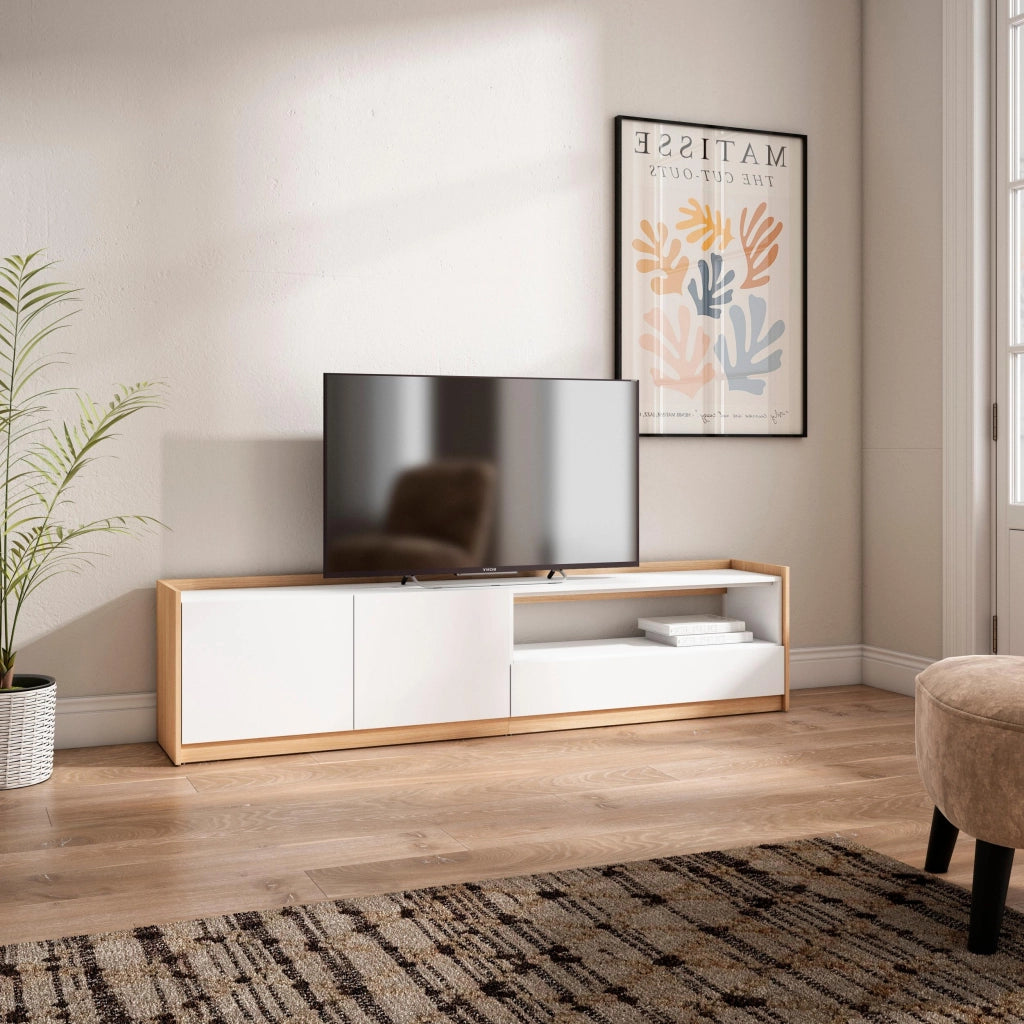 Mobile TV Soggiorno, 207x50x37 cm, Per TV fino a 80", Mobile Soggiorno, Bianco e Rovere soft