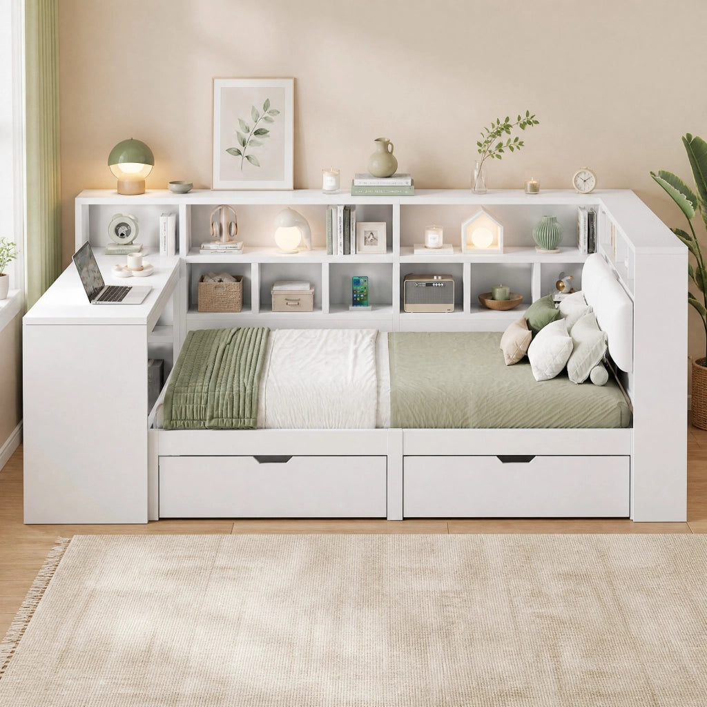 Letto a piattaforma a L 140x200 cm con scrivania e LED