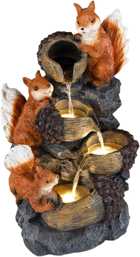 Fontana a Cascata, Fontana da Esterno ed Interno con 4 Luci LED e Flusso d'Acqua Rilassante, Fontana a Forma di Scoiattolo e Nocciola in Resina Selezionata, 34 x 25 x 59 cm