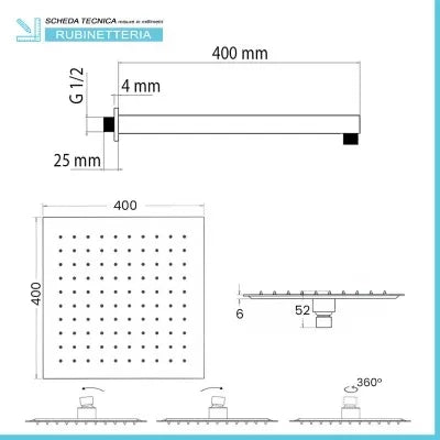Kit doccia braccio 40 cm e soffione quadrato 40x40 cm cromato lucido