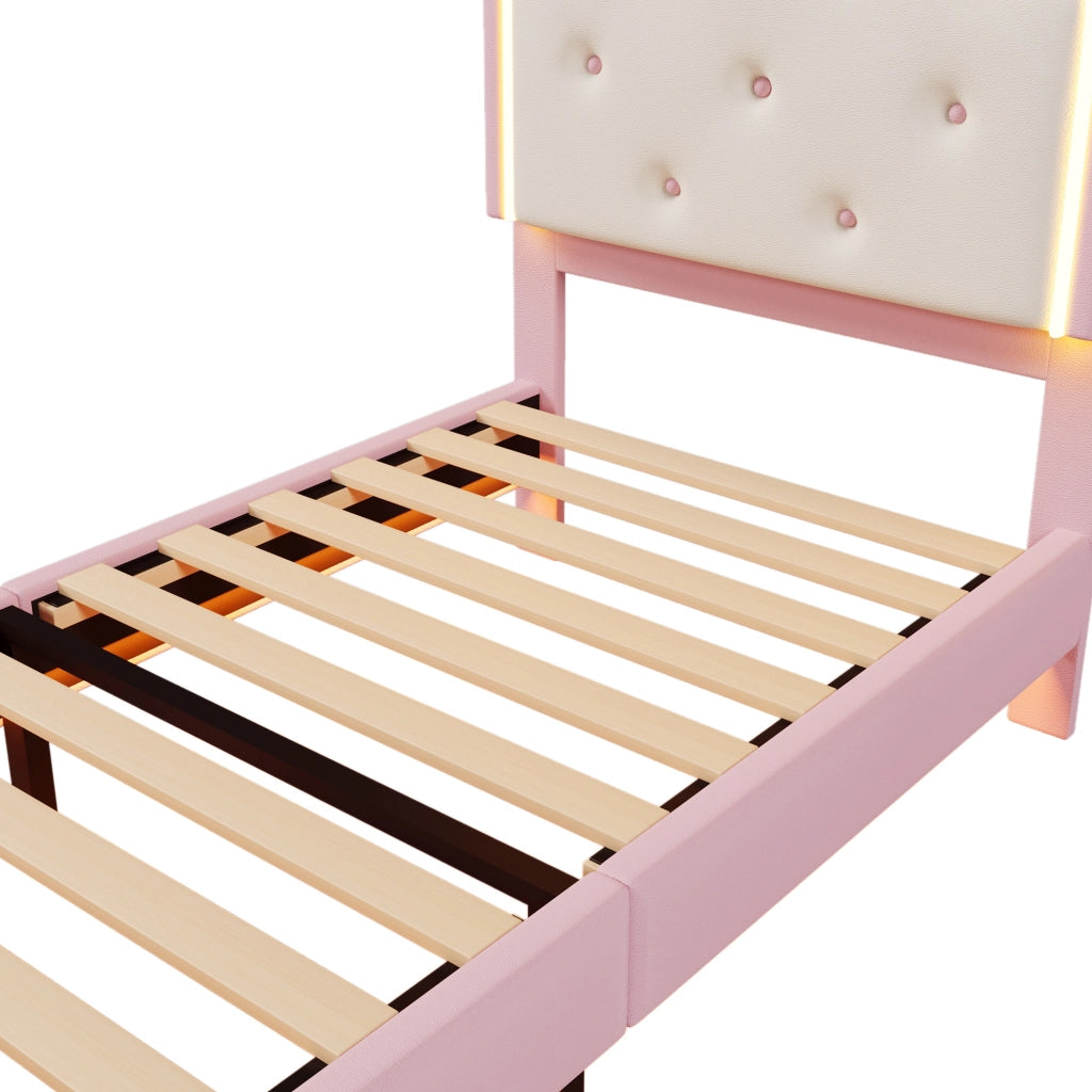 Letto imbottito 90x200 cm; luci LED regolabili; PU; rosa (Senza materasso)