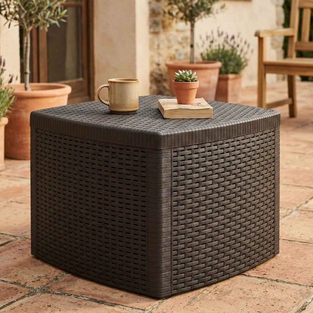 Tavolino da esterno Akane, Tavolino contenitore, Tavolo basso effetto rattan, 100% Made in Italy, Cm 53x53h40, Antracite