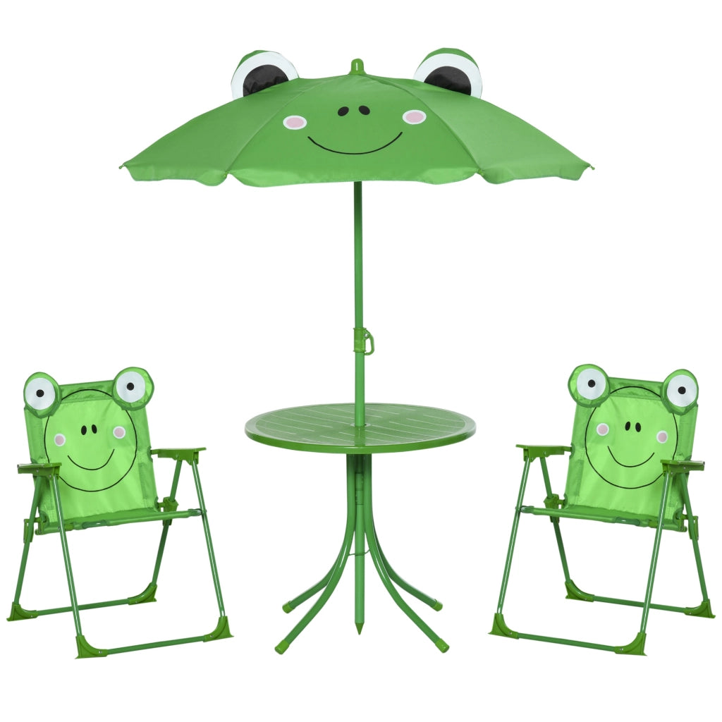 Set Mobili da Giardino Bambini 4 Pezzi Rana ¨C Xylo ¨C Tavolo Rotondo 2 Sedie Pieghevoli Parasol Verde