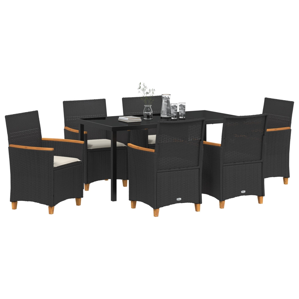 Set da Pranzo da Giardino 7 Pezzi con Cuscini Nero Rattan PE
