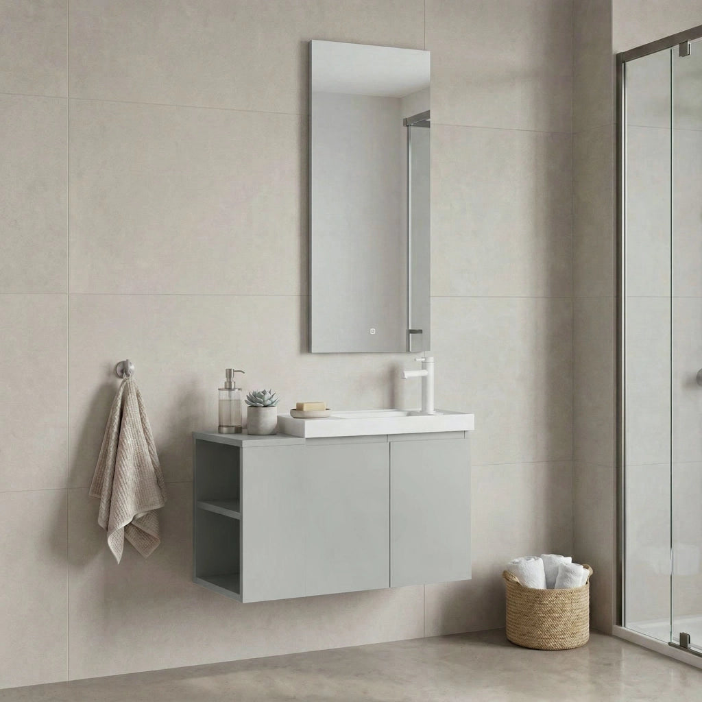 Set mobile lavabo con specchio (2 pezzi) "Ferla 80" - 80 x 22 x 45 cm - Cashmere opaco