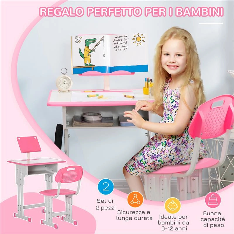 BANCO SCUOLA CON SEDIA AD ALTEZZA REGOLABILE PER BAMBINI 6-12 ANNI ACCIAIO E MDF ROSA