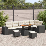 Set divano da giardino 9 pezzi con cuscini neri in polyrattan e acacia