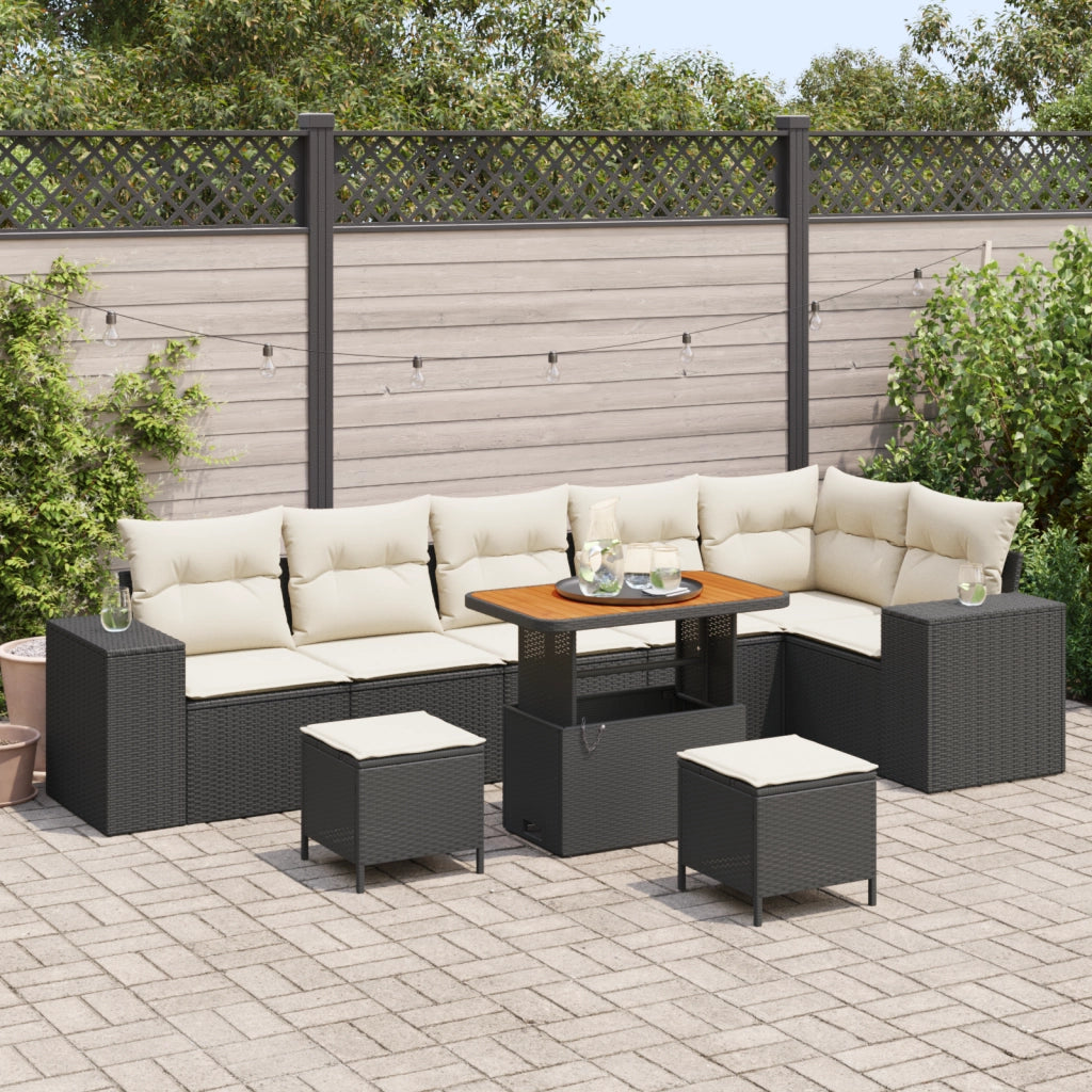 Set divano da giardino 9 pezzi con cuscini neri in polyrattan e acacia