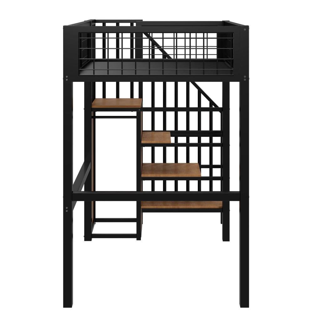 Letto alto per bambini 90 x 200 cm in metallo nero con scala; armadio e sponde a rete